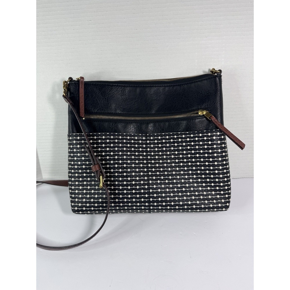 Fossil Crossbody Bag Fiona Coated Canvas And Leather Black & White Polka Dot - Picture 3 of 17